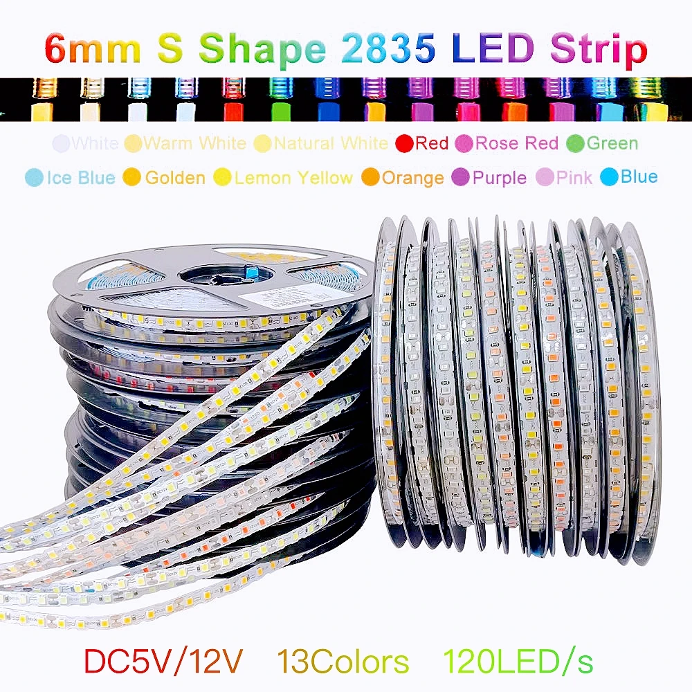 6mm Shape Bendable 2835 SMD LED Strip Light DC5/12V 120LED/m String Light 13 Color RGB DIY Neon Sign Letter Flexible 0.5m-50m