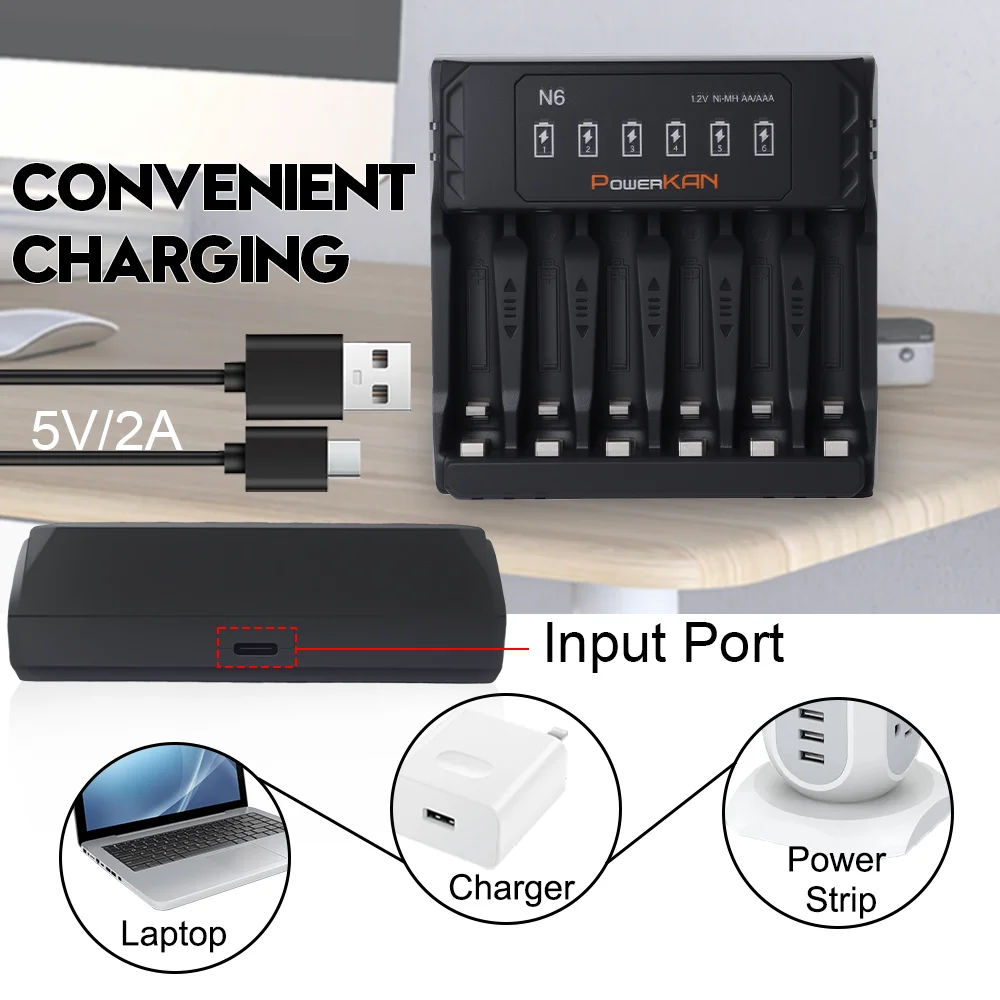 POWERKAN N6 6-Slot Battery Charger for 1.2V Ni-MH AA AAA Rechargeable Batteries USB-C 5V 2A LED Indicator