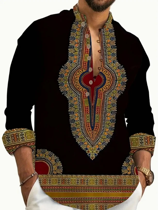 New Men's Henry Collar Linen Long Sleeve Casual Shirt Ethnic Print High Quality Top Fits Everyday2026
