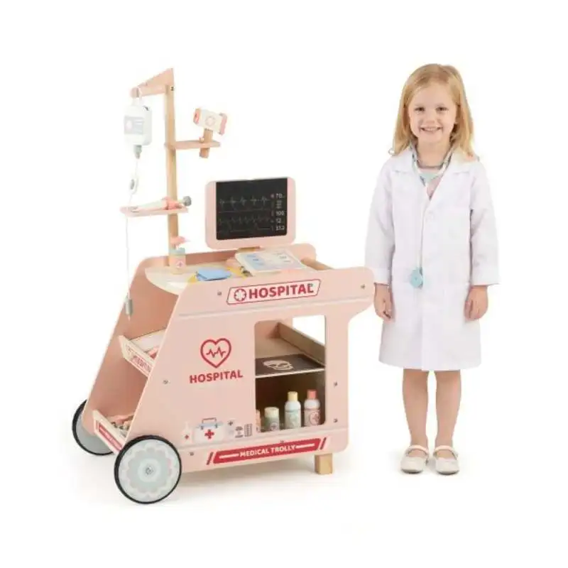 Ensemble de jeu de docteur en bois pour enfants, kit de jeu de simulation de docteur avec chariot, cadeau pour les tout-petits, garçons et filles de 3 ans et plus - Rose