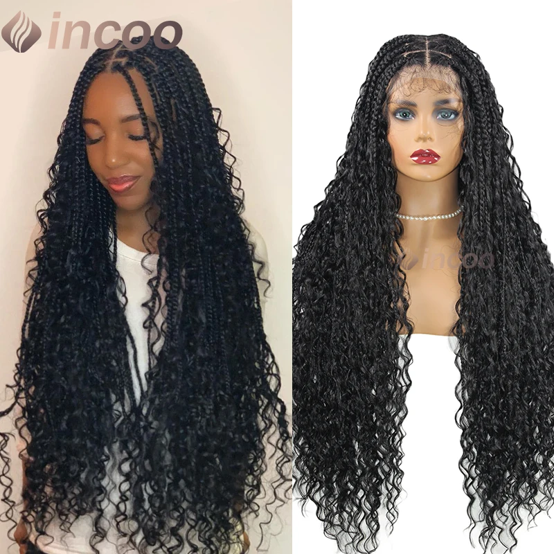 Synthetic 32 Inch Boho Box Braided Wigs Curly Hair End Full Lace Frontal Wig for Women Goddess Locs Braided Wig Bohemian Box Wig