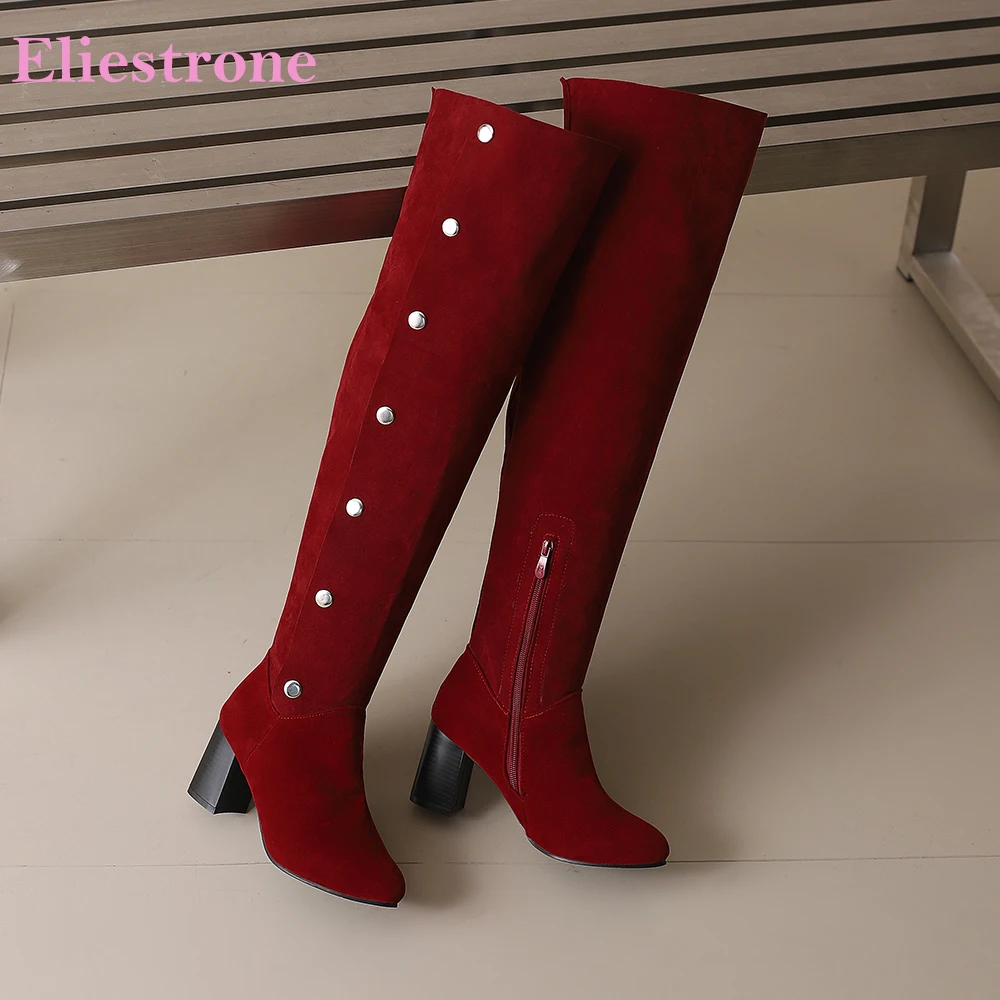 

2025 Новые зимние элегантные красные желтошские женские сапоги выше колена с круглым носком на высоком каблуке Женская обувь плюс большой размер 13 46 50