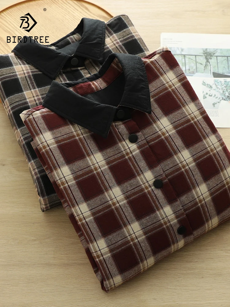 

New 2025 Winter Cotton Padded Long Sleeve Shirt, Women Turn-down Collar Plaid, Mori Girl Retro Casual Warm Loose Blouse T5D482CC