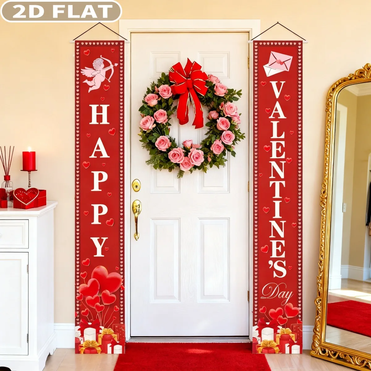 

1pair Happy Valentines Day Tapestries Banner with Hanging Rods and Ropes - 72x12 Inch Polyester Valentines Day Door Banner
