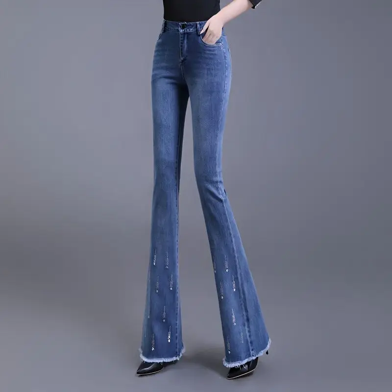 Calça jeans feminina de cintura alta com franja, jeans reta, senhora do escritório, skinny, casual, streetwear, moda coreana, nova, primavera, outono