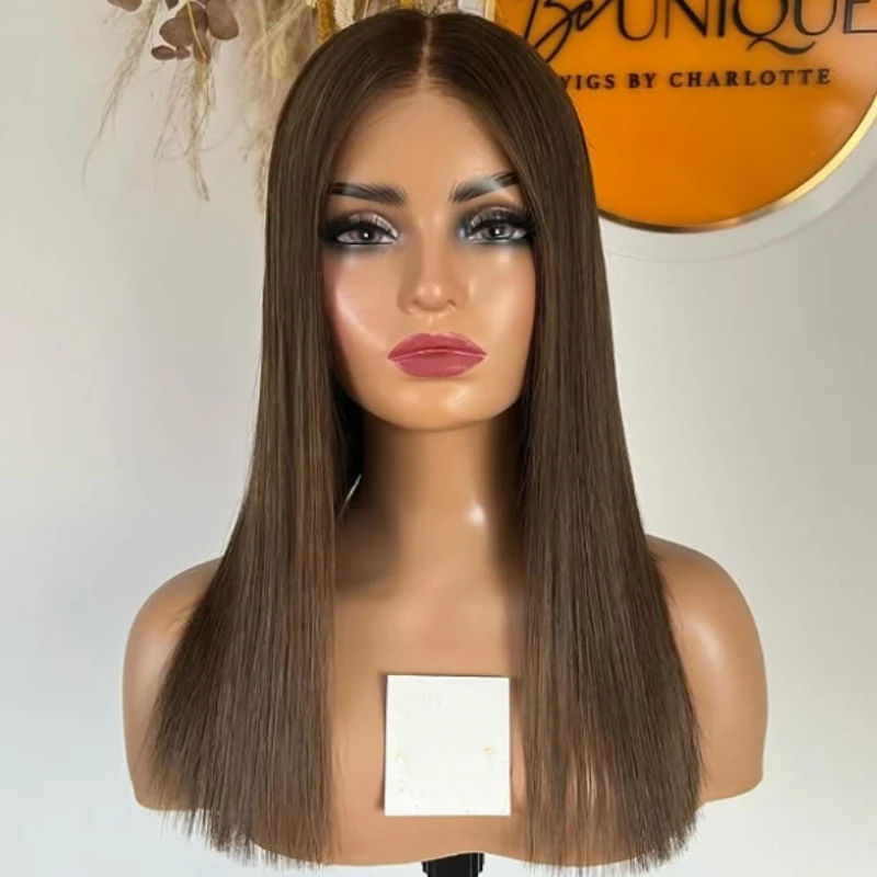 

Термобезопасные синтетические волосы, темно-коричневые, средняя часть, блики, 13 на 4, прямой фронтальный парик, вариант с несколькими проборами - реалистичный парик