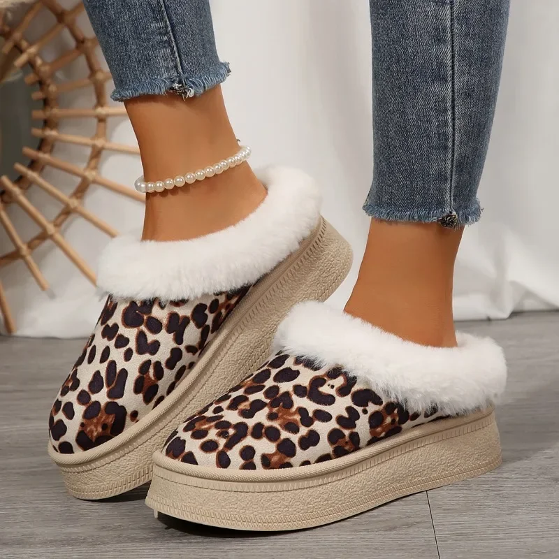 2024 Plus Size Shoes Female Closed Toe Women's Slippers Platform Warm Slippers Women Leopard Round Toe Flat with Shoes Women image 3