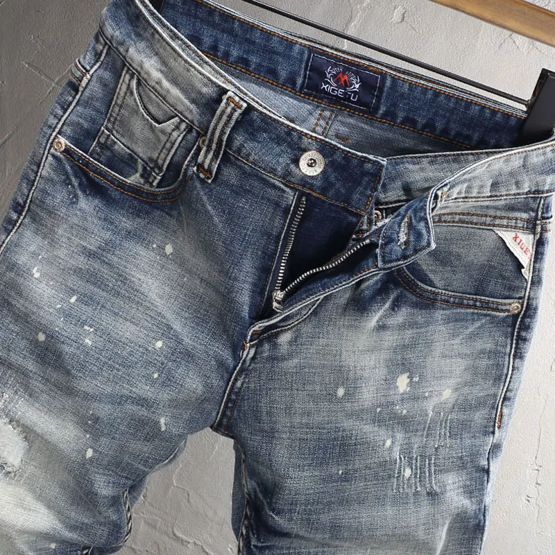 Newly Designer Fashion Men Jeans High Quality Elastic Stretch Slim Ripped Jeans Men Painted Vintage Casual Denim Pants Hombre