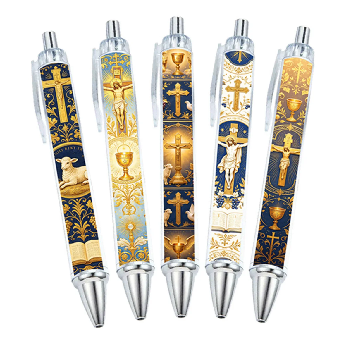 

5PCS Blue Gold Jesus Image Christian Ballpoint Pen Religious Writing Pen Black Ink Resurrection Gift for Religious Activities