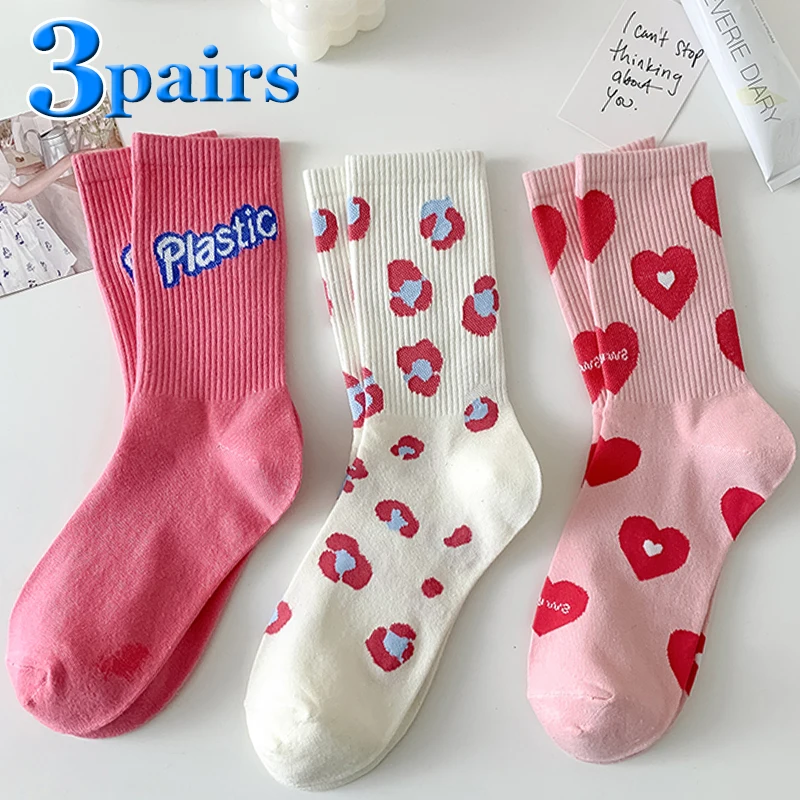 1pair/3pairs Middle Tube Heart Strawberry Sweet Love Girl Socks Women's Trendy Hosiery Cute Lovely Fruit Pink Cotton Socks