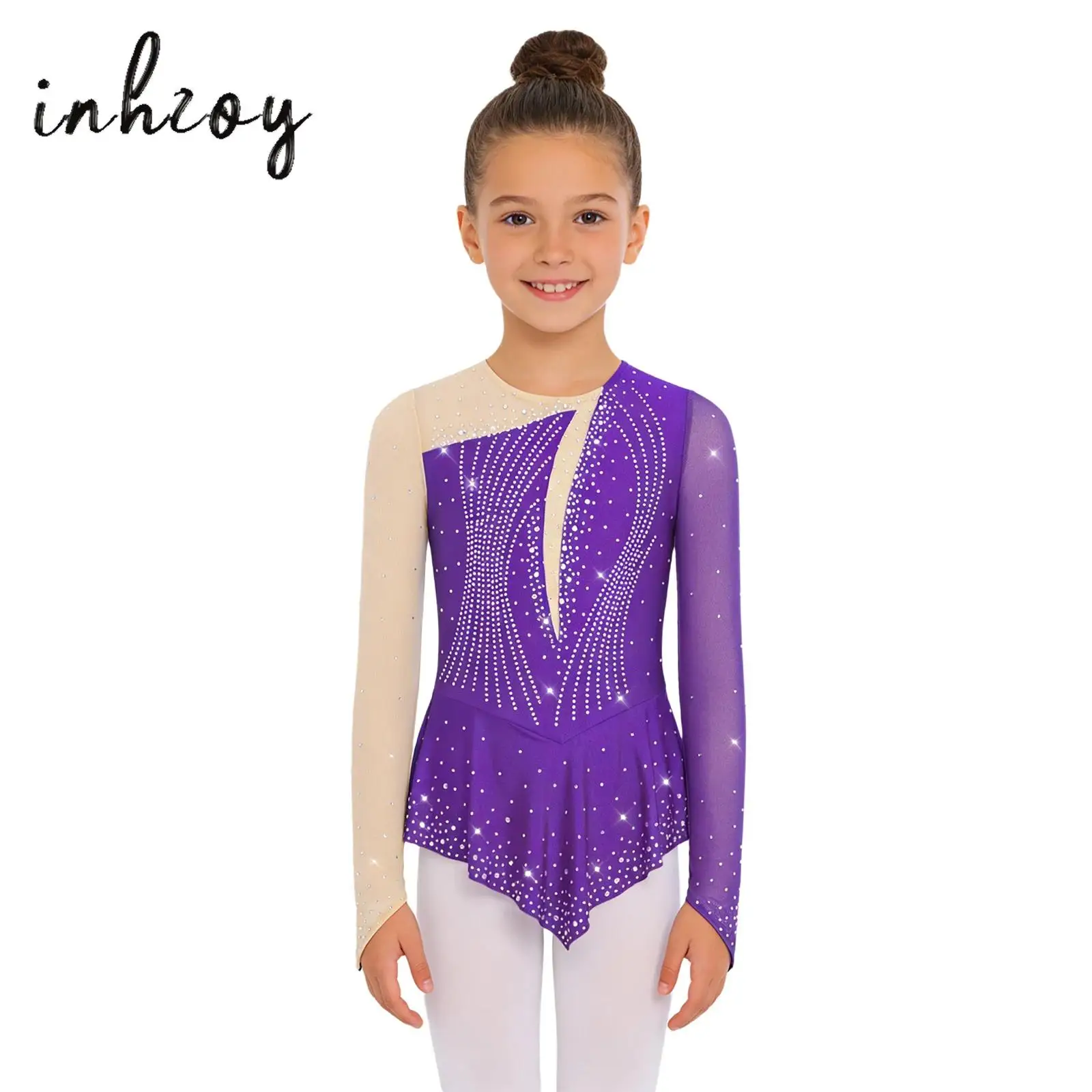 

Girls Shiny Rhinestones Asymmetrical Dance Dress Latin Cha-cha Dance Stage Performance Ballet Dance Leotard Lyrical Samba Rumba