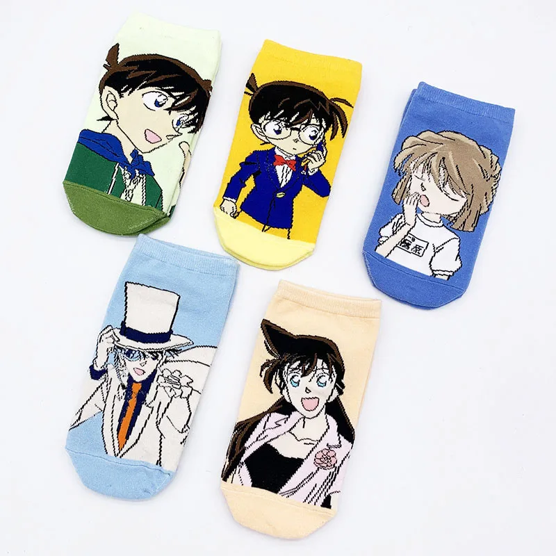 Set of 5 Pairs Detective Conan Socks Anime Pattern Kudou Shinichi Mouri Ran Kaitou Kiddo Haibara Ai Short Low Cut Cosplay Gift