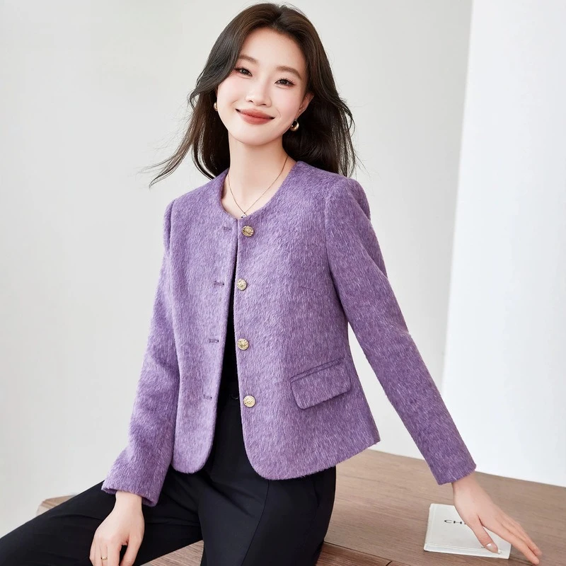Purple Crew Neck Small Fragrance Jacket Women Casual Temperament Small Blazer Tops Autumn Winter Short Jacket Female Outerwear