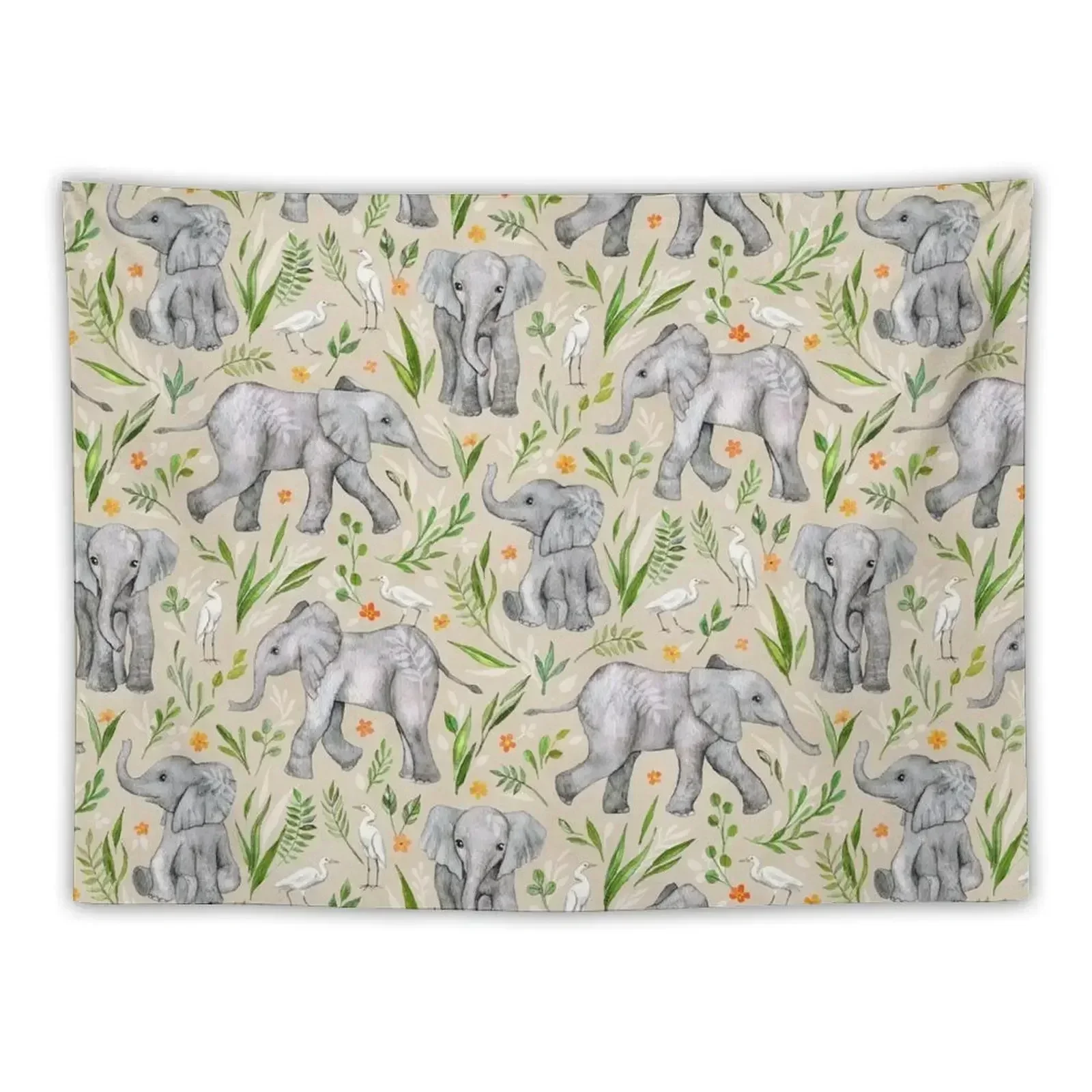 Baby Elephants and Egrets in Watercolor - neutral cream Tapestry Room Decor Decorative Wall Mural Tapestry