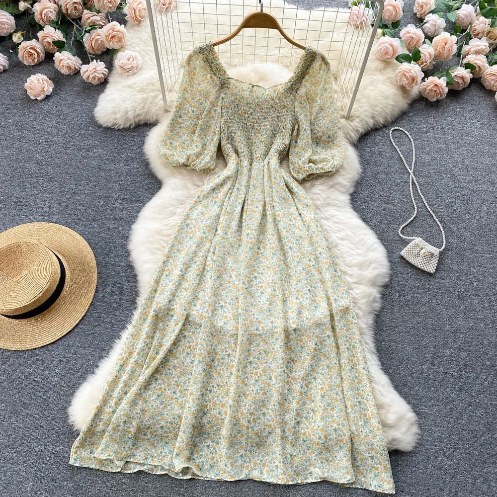 YuooMuoo Korean Fashion Floral Print Chiffon Party Dress Summer Two Layers Puff Sleeve Vacation Women Dress Beach Vestidos