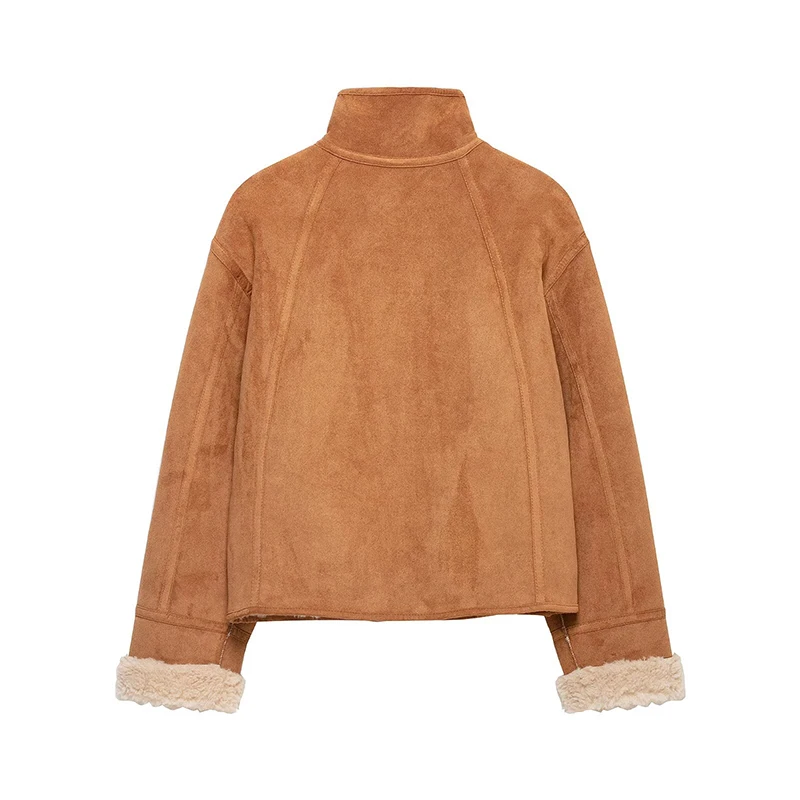 YENKYE European American Style Autumn Winter Warm Reversible Jacket Women Long Sleeve Stand-up Collar Casual Loose Short Coat