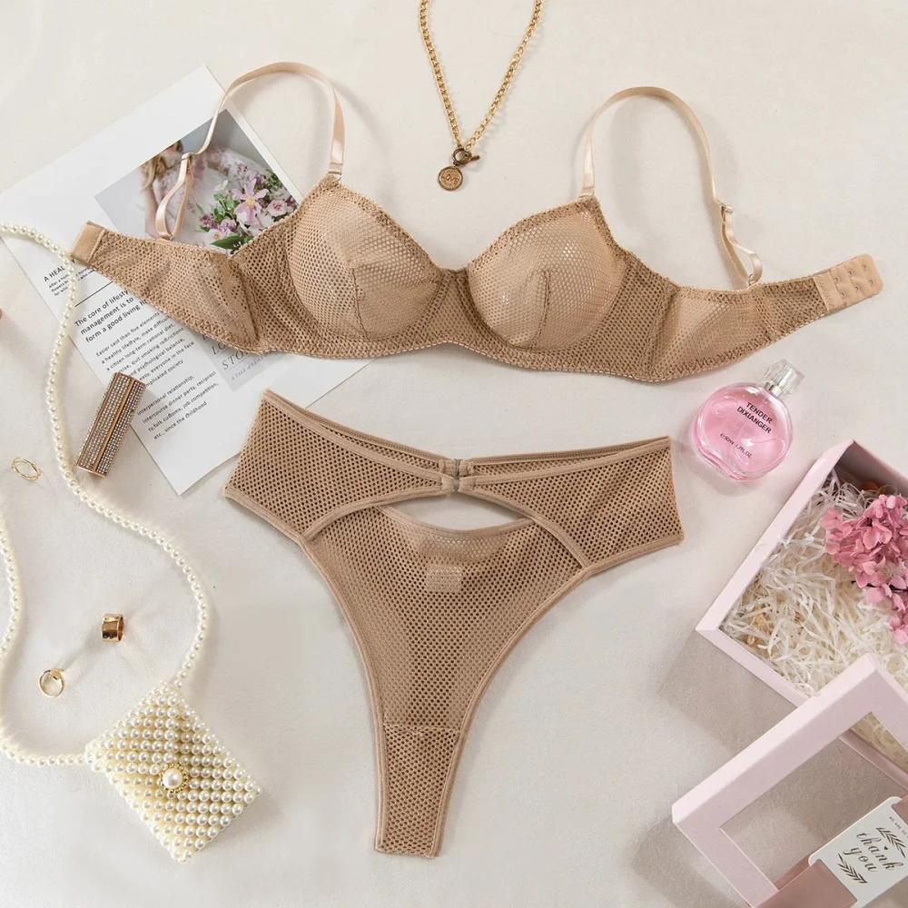 Krasapt Khaki Hollow Out Sexy Lingerie 2Pcs Sets Fancy Mesh See Through Bras And Panties Set Casual Beach Holiday Bilizna Set
