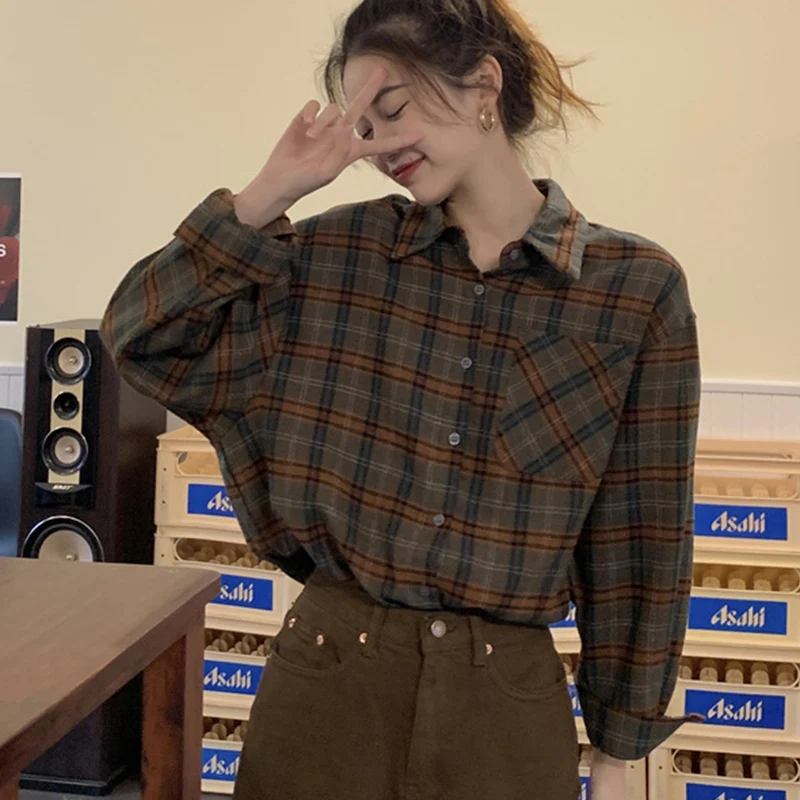 

All Match Mix Color Plaid Shirts Women Autumn Winter Single Breasted Long Sleeve Shirt Woman Turn Down Collar Blouses Female