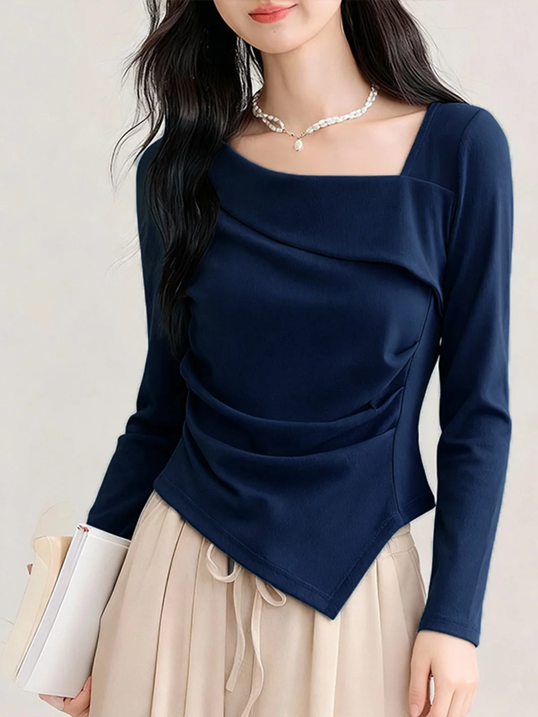Slim Fit Long Sleeve T-Shirt Women's Autumn Winter New Design Asymmetrical Neckline Waist Cinching Slimming Base Layer Top