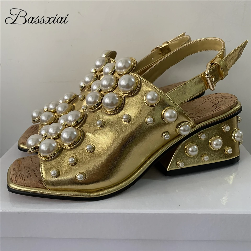 Pearl Beads Embelished Modern Sandals Women Fretwork Heel Genuine Leather Back Strap Summer Shoes For Girls 2024