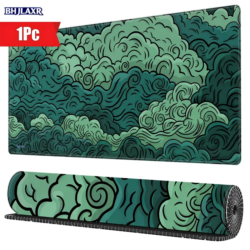 CIFBUY Green Swirl Cloud Gaming Mouse Pad Rubber Base, Stitched Edges, Artistic Desk Mat for Office Home Workstation Accessories