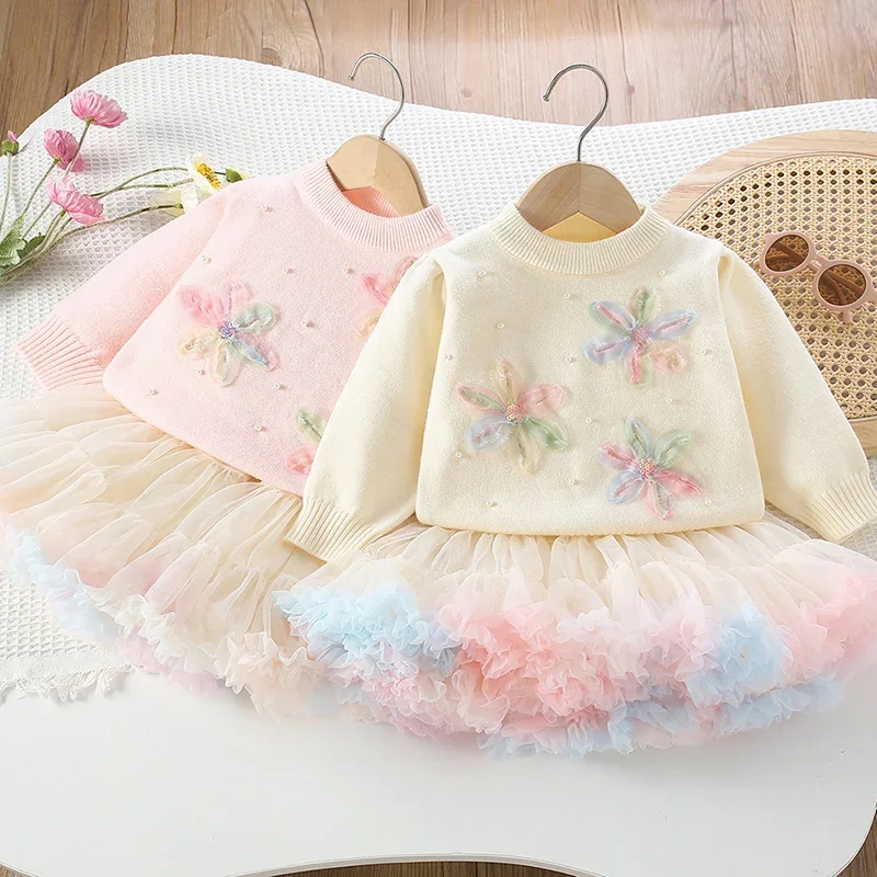 2026 neue Frühjahr 2-6Yrs Kinder Kleidung Set Baby Mädchen Gestrickte Kleidung Anzug Lange Ärmeln Gestrickte Pullover Pullover + Kurzen rock