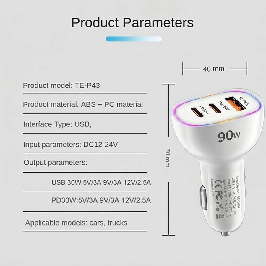 Fast Car Charger 90W 3 Ports Multi USB C PD 30W and USB A QC 30W Automobile Power Adapter with Glowing Ring For Smart Devices