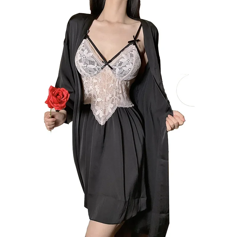 2PCS Bathrobe Dressing Gown Sleep Suit Women Rayon Kimono Nighty&Robe Set Lace Nightgown Sleepwear Loungewear Sleepdress