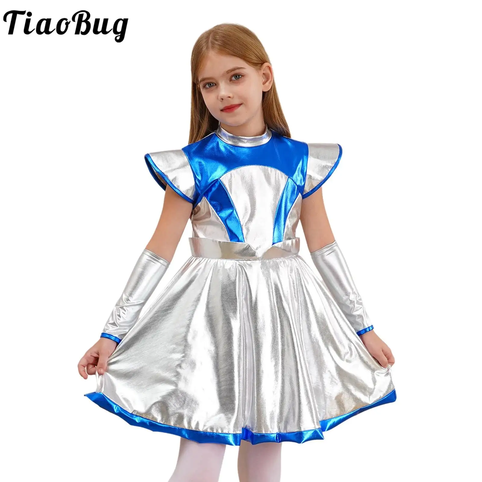 Kids Girls Alien Cosplay Costume Halloween Robot Astronaut Shiny Metallic Dress with Arm Sleevee Set Fancy Dress Up Clothes