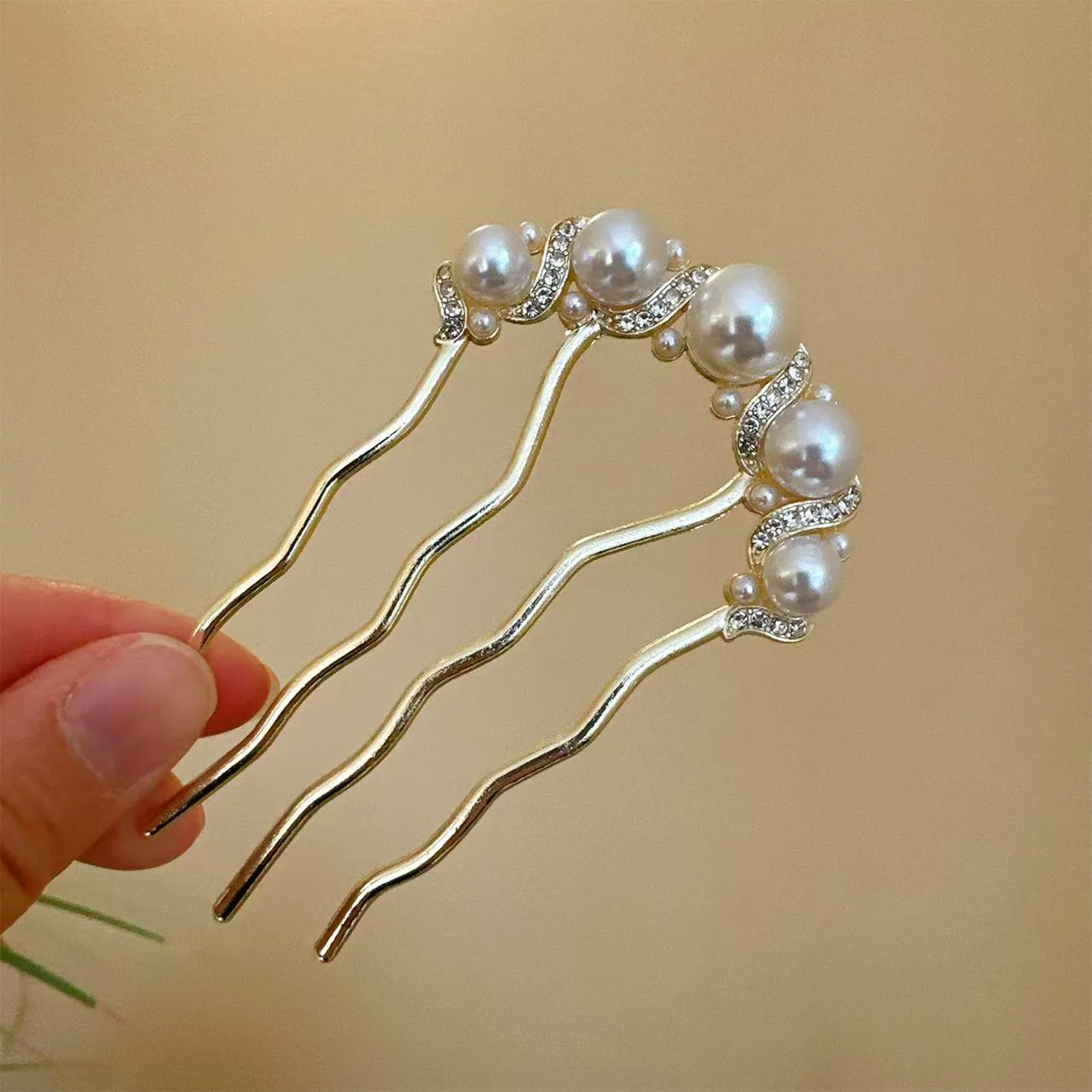 Sisir Rambut Berbentuk U Elegan Mutiara Buatan Dekorasi Berlian Imitasi Berkilau Perhiasan Penataan Rambut Pengantin Wanita Hiasan Kepala Harian Wanita