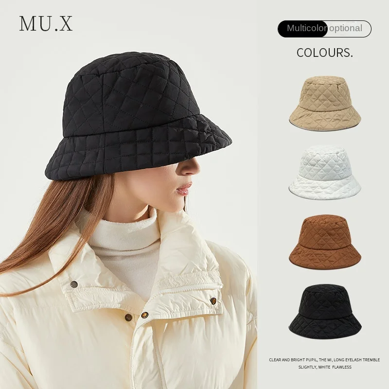 

Cap Fashion Down Cotton Windproof Basin Hat Autumn-winter Fisherman Hat women's Short Brim Diamond Check Warm Winter Hats