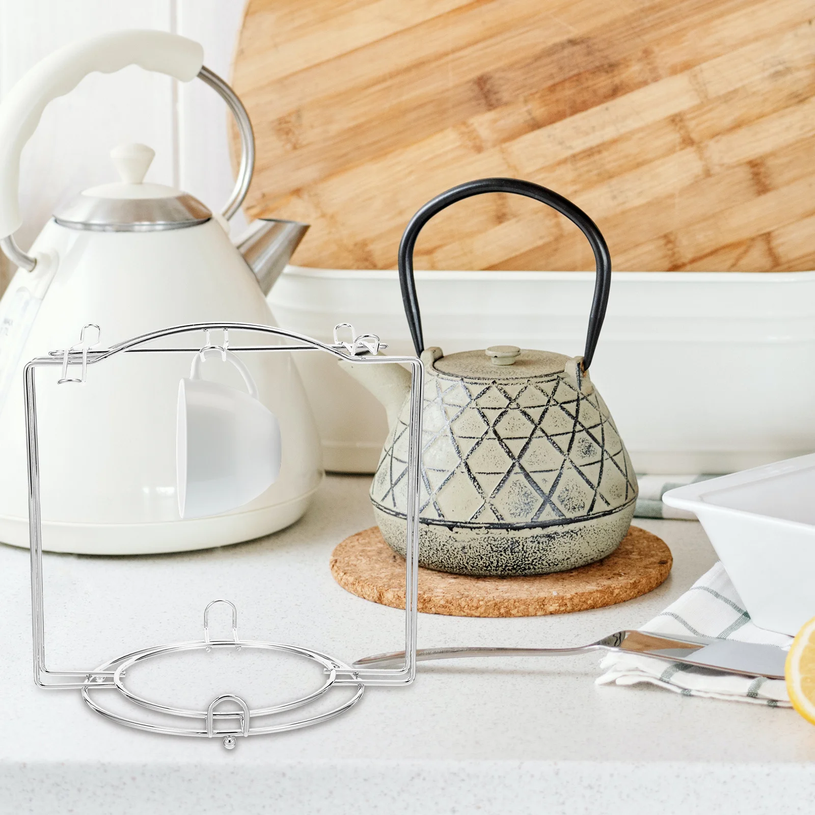 

Cup Plate Organizer Stainless Steel Mug Holder for 4 Coffee Cups 6 Plates Kitchen Cabinet Counter Shelf Organizer Space Saver