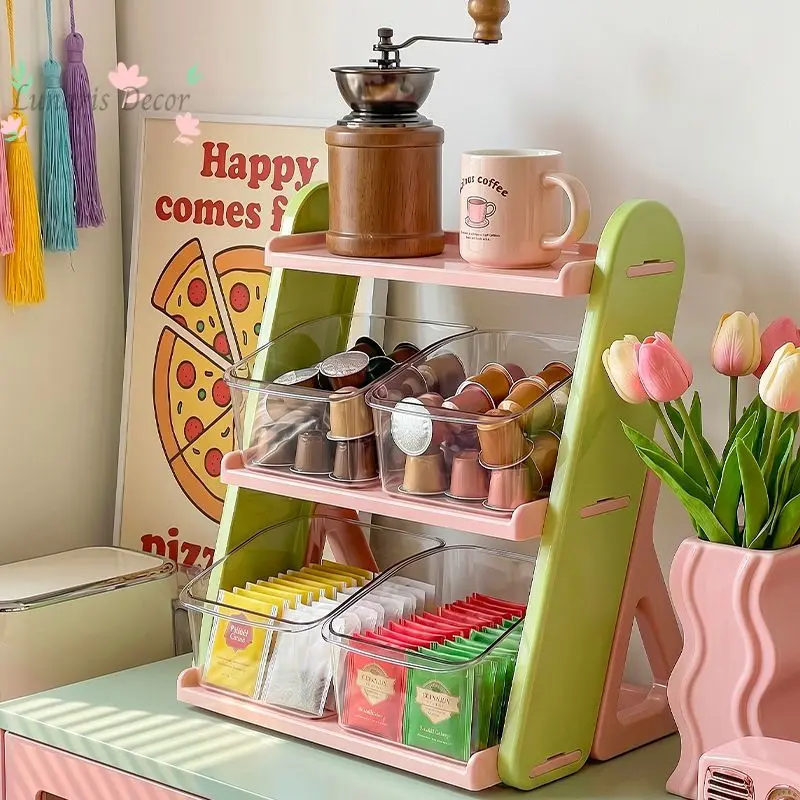 Dopamine color three-layer desktop tea bag storage box living room dining room snacks multi-layer rack cup storage rack