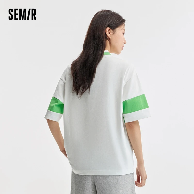 Semir Polo Shirt Women Medium-Length Colour Blocking Letters College Style Clothes Summer Loose Pullover Girls Casual Fashion