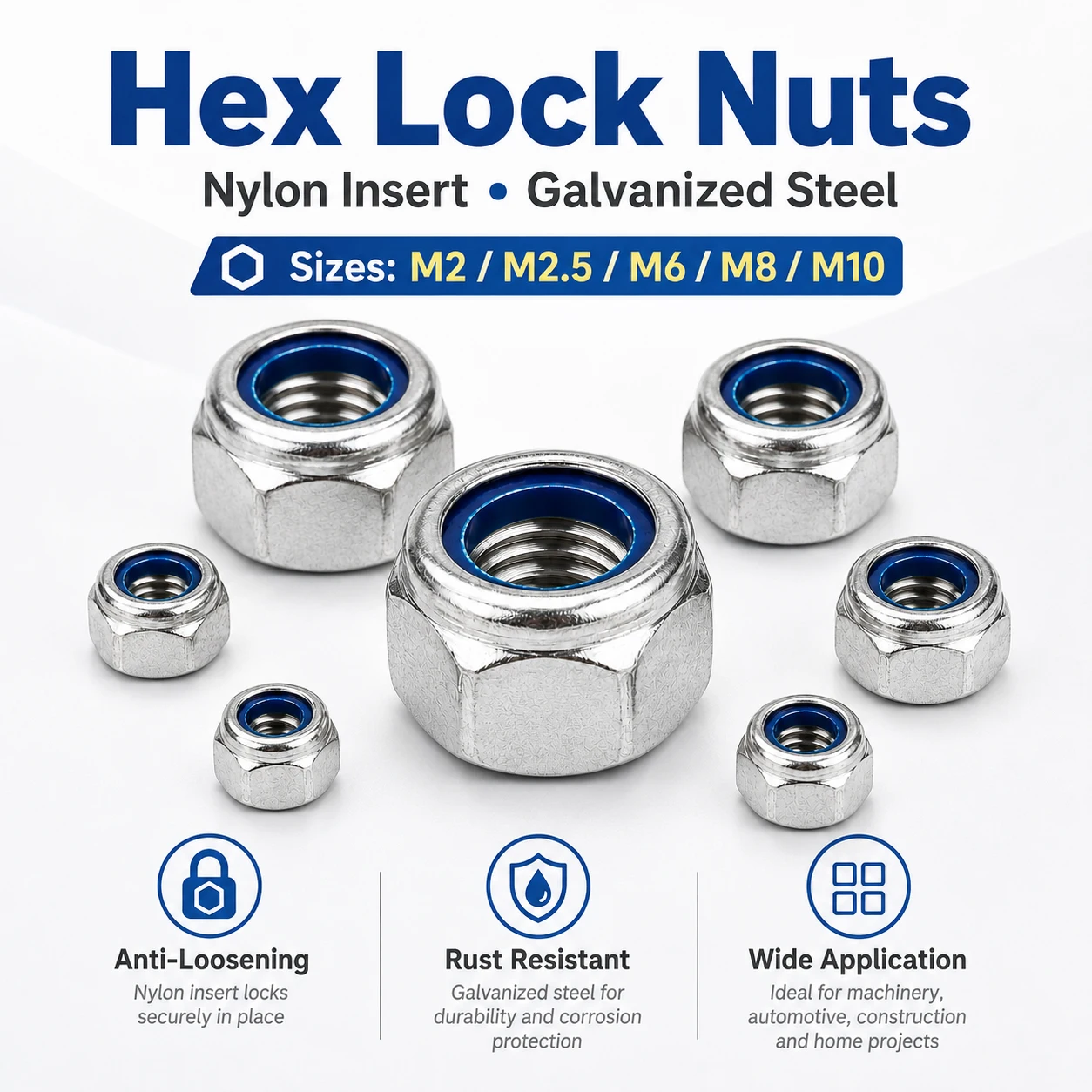 10/50Pcs Assorted Galvanized Hex Lock Nuts M2-M10 Carbon Steel Nylon Insert Self-Locking Nuts Kit for Hardware And Engineering U