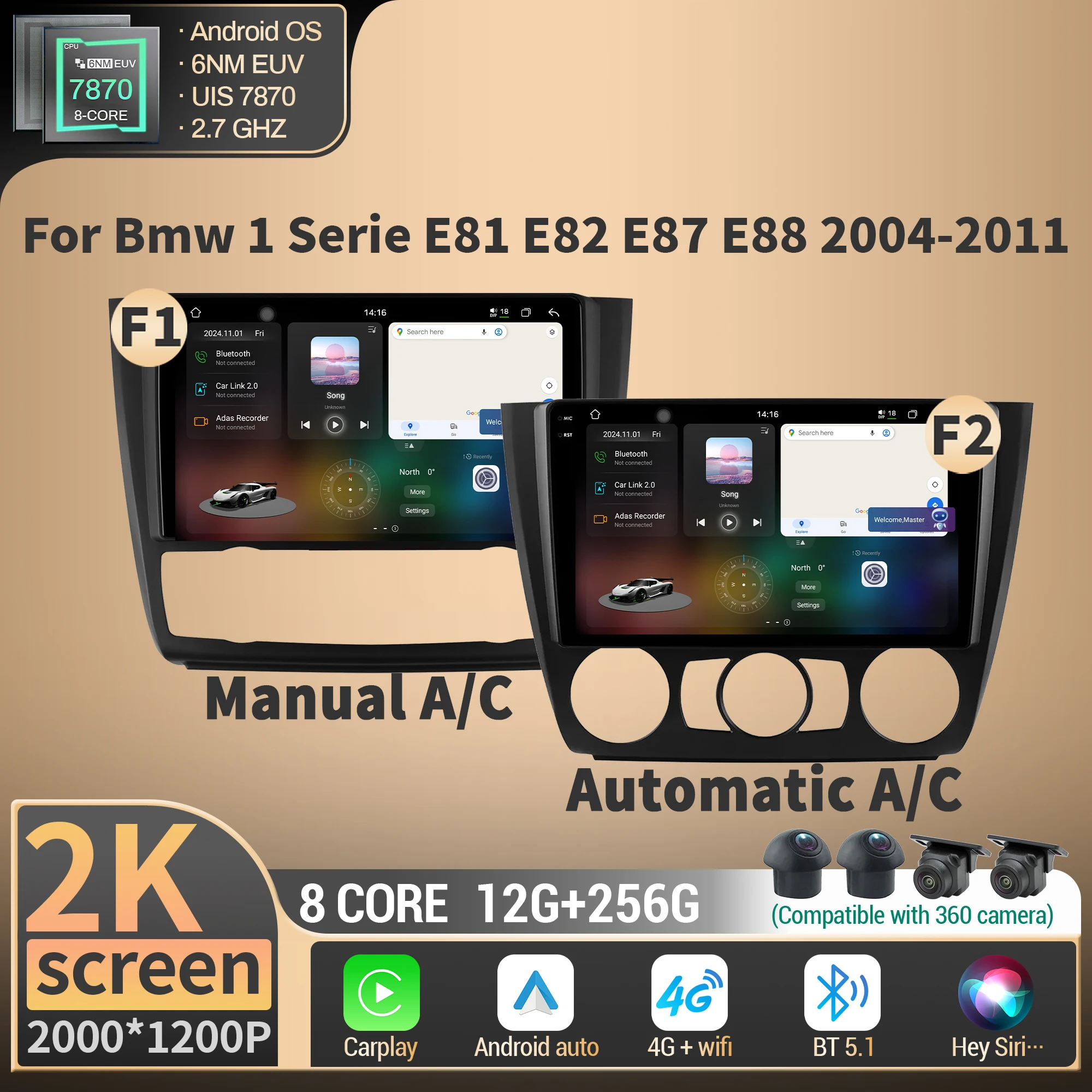 

Android For Bmw 1 Serie E81 E82 E87 E88 2004-2011 Car Radio Multimedia Wireless BT CarPlay GPS 4G CPU 7870 2K QLED Screen