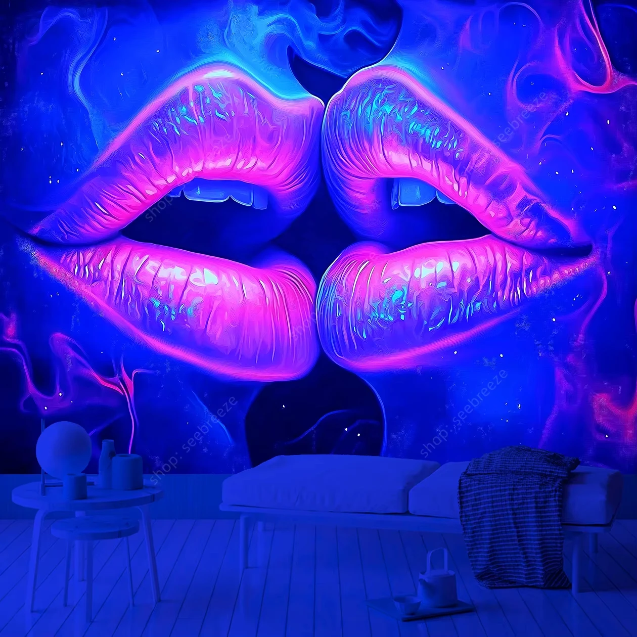 Neon Lips Psychedelic Cosmic Wandteppich UV ReactiveWandbehang Schwarzlicht Moderne Kunst Raumdekoration für Schlafzimmer Wohnzimmer