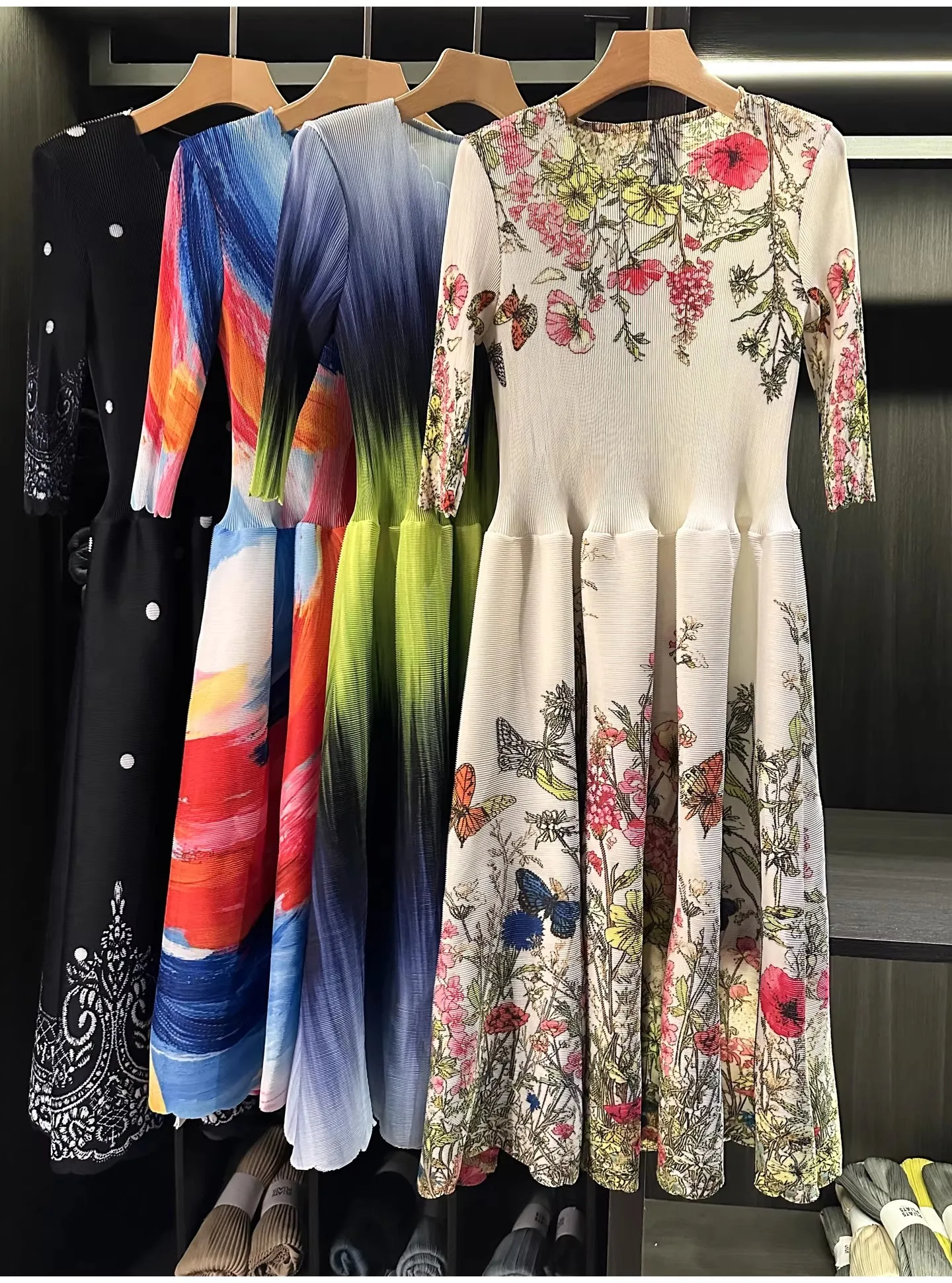 

Miyake Pleated Print Dress For Women Medium Long O-Neck High Strech Loose Pullover A Line Dresses Female Spring New 2026