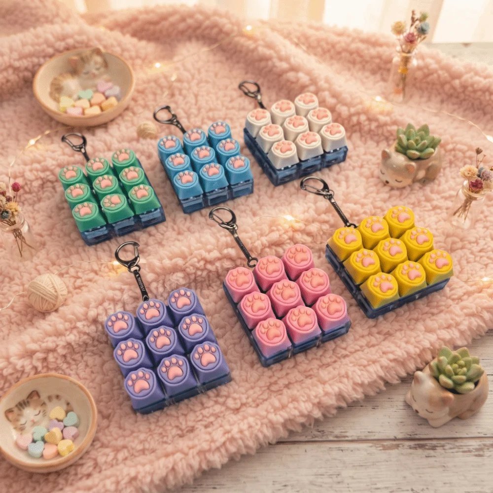 Cat Paw Button Cat Fidget Keychain Luminated Button Silent Keys Cat Mechanical Keyboard Keyring 9 Keys Creative