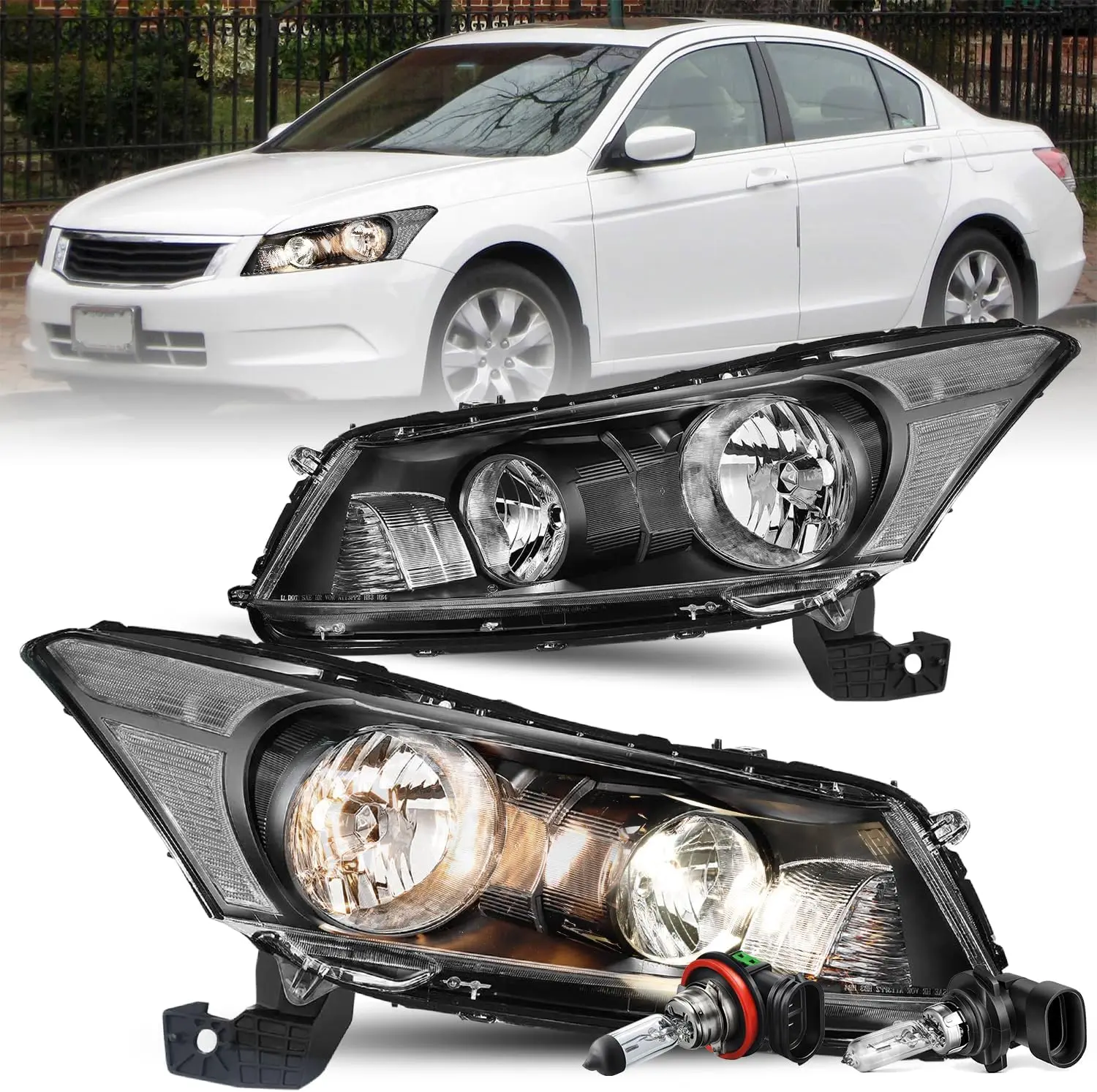 Headlight Assembly Set for 2008-2012 Honda Accord 4-DR Sedan Bulbs Included Headlamp Replacement Driver and Passenger Side Black