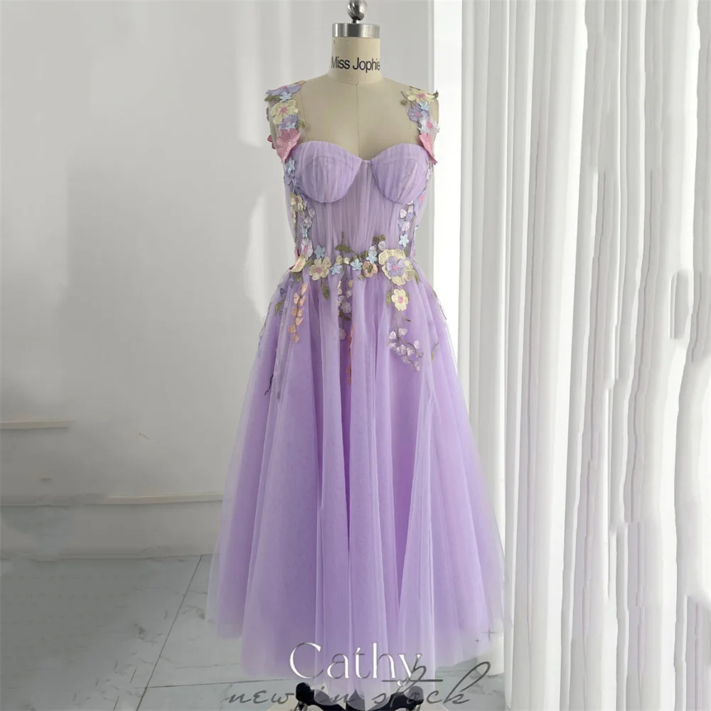 

Cathy Lavender Sweet Flower Straps Prom Dress Lace Embroidery vestidos par boda Elegant Sleeveless Knee Length Wedding Dress