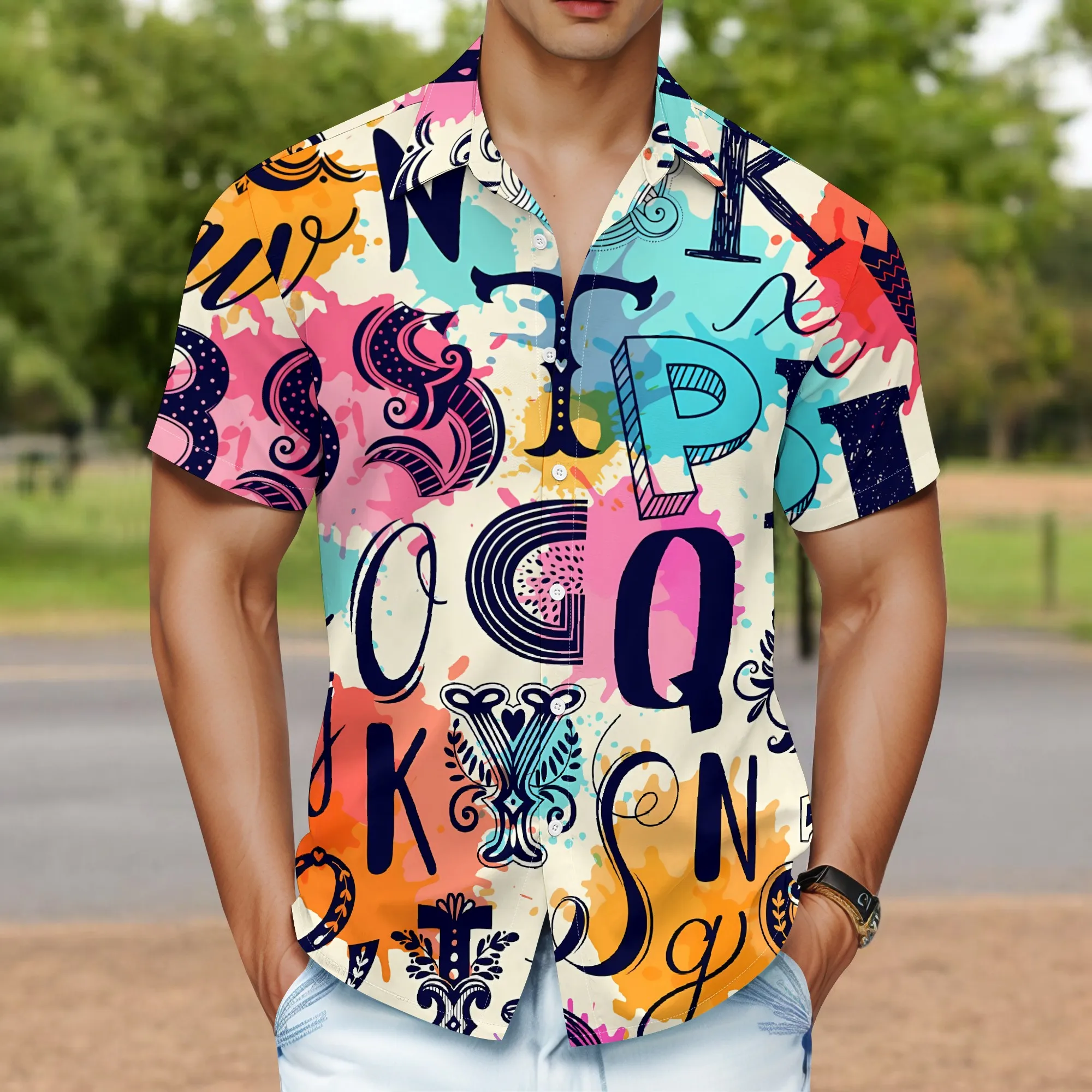 YEAE Camicia con stampa di lettere colorate per uomo Top estivo casual a maniche corte