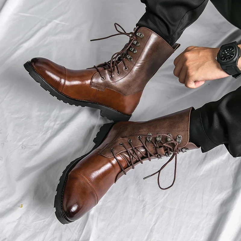 Ankle Boots for Men Brown Black Business Round Toe Lace-up Pu Mens Boots Size 38-48 Motorcycle Boots