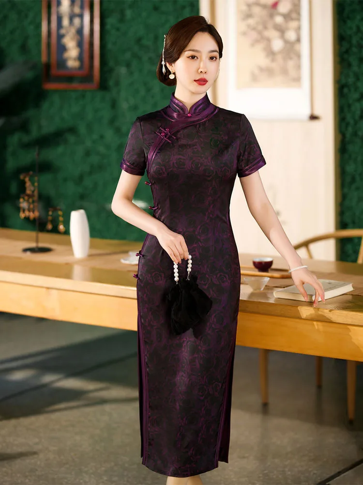 

Yourqipao Summer Long Silk Purple Cheongsam Catwalk Banquet Retro Fashion Elegant Qipao Chinese Style Evening Dress for Women