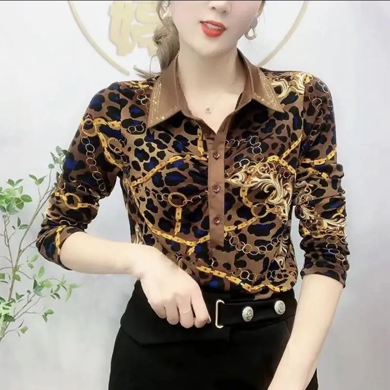 

Autumn Winter Vintage Leopard Stylish Letter Printed Blouse Chic Diamonds Polo-Neck Women's Clothing Button Slim All-match Shirt