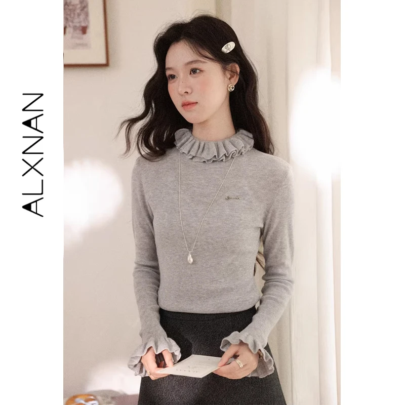 Alxnan feminino cinza lã mock neck suéteres babados guarnição manga longa camada térmica pullovers outono inverno malha topos l59893
