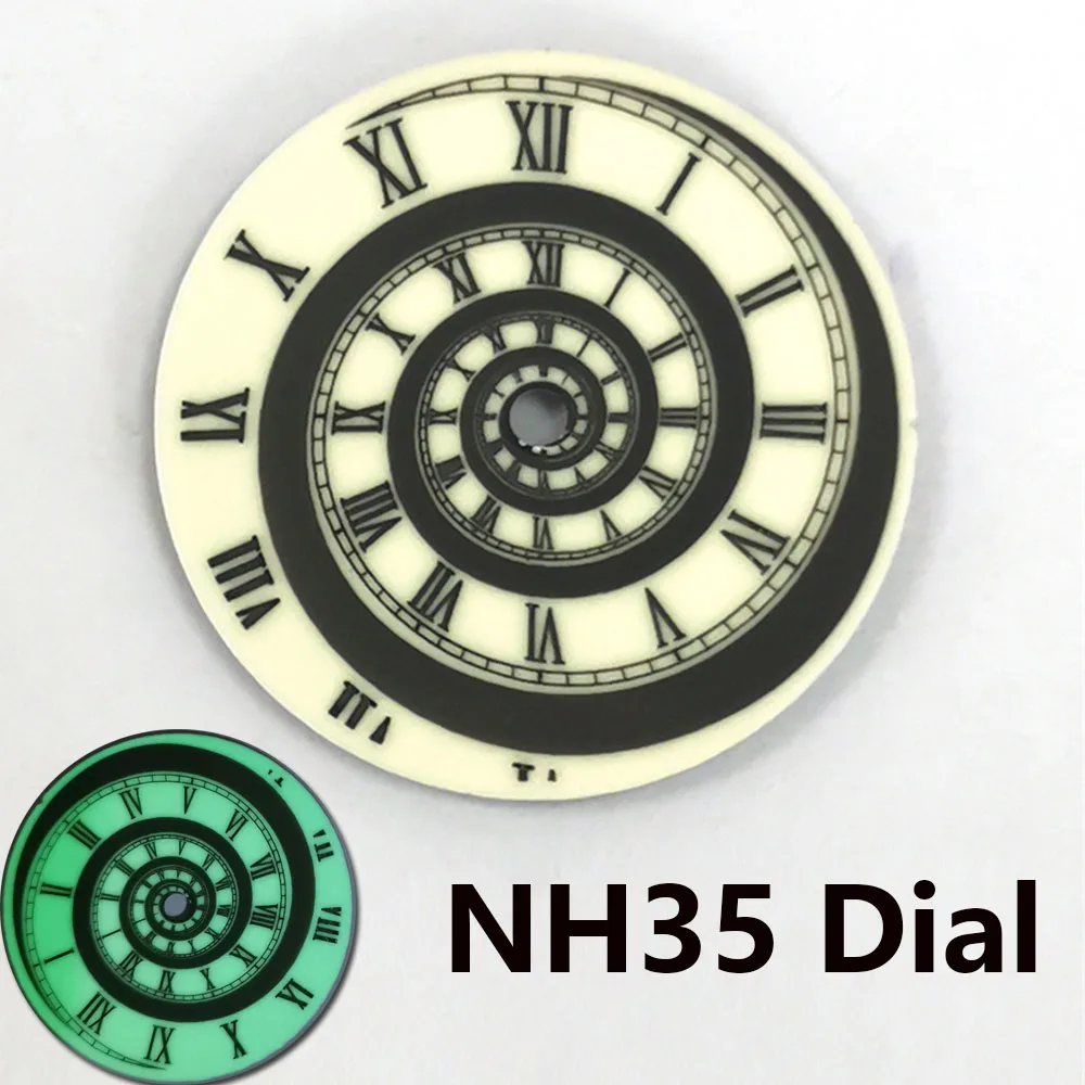 

NH35 Dial 28.5mm, Spiral Roman Numerals Watch Dial, for NH35 NH36 4R 7S Movement, Green Luminou Watch Face, 4.2 3.8 3.0 Crown