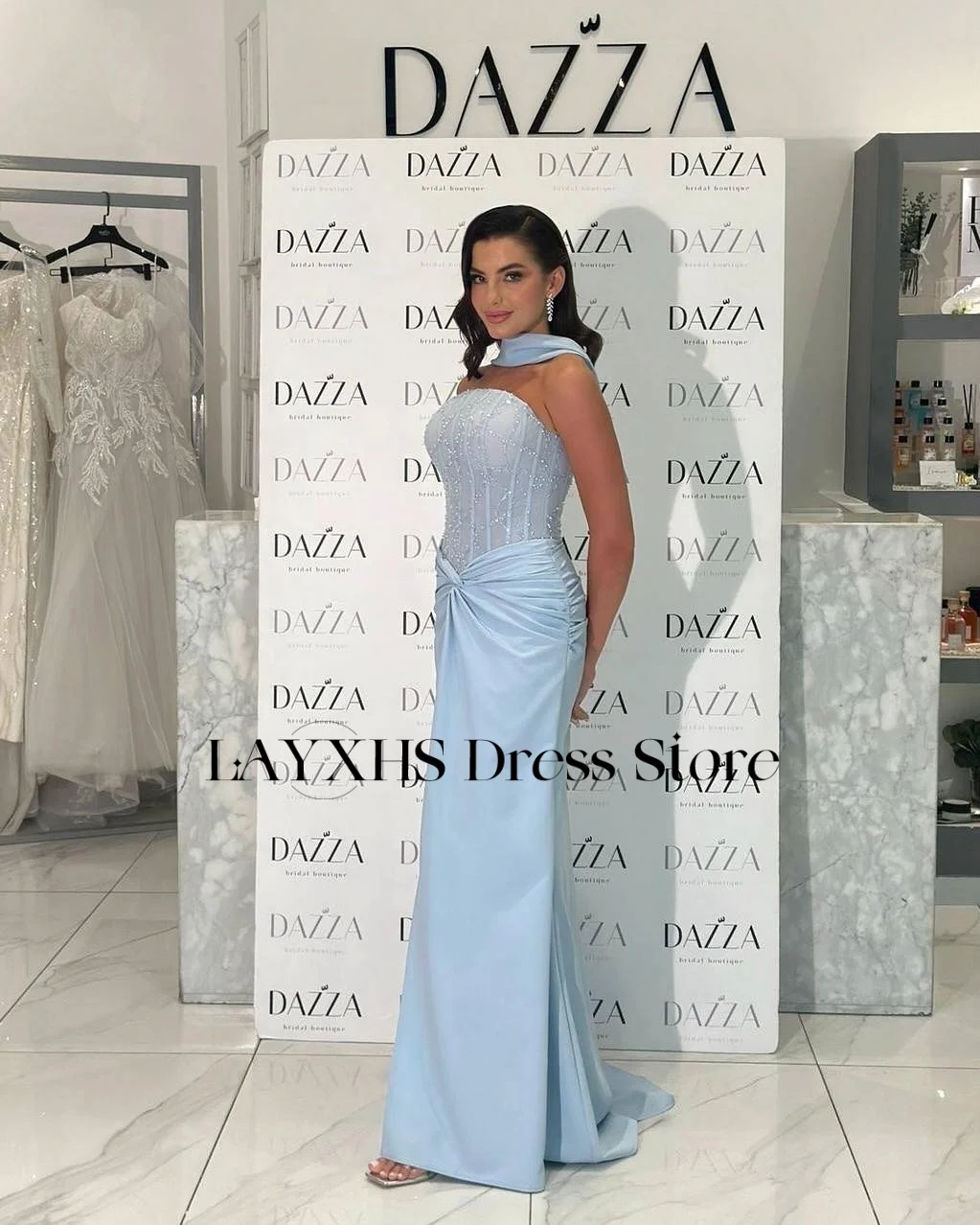 فساتين سهرة أنيقة بحورية البحر من LAYXHS باللون الأزرق بدون حمالات مطرزة بشق مطوي فساتين لحضور الحفلات الموسيقية حسب الطلب