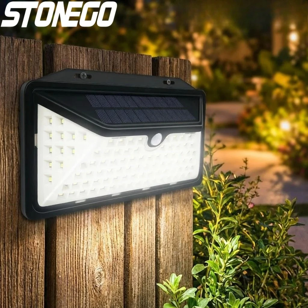 

Солнечный настенный светильник с датчиком движения, 102 светодиода, для улицы, сада, патио, водонепроницаемый, декоративный, с алмазным эффектом, трехстороннее свечение, для двора и дорожек