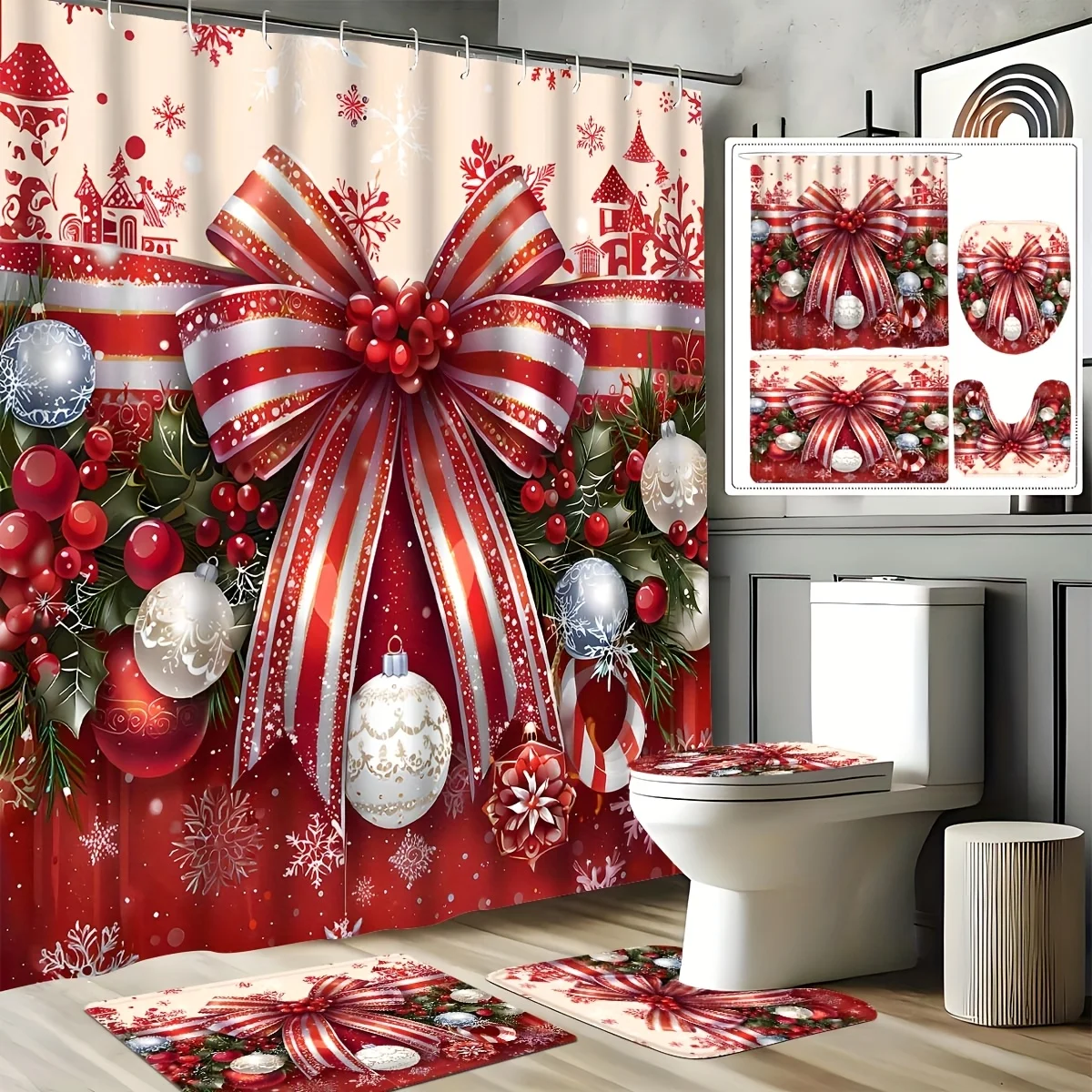 

Рождественский комплект занавесок для душа с красным бантом и снежинкой, подходящая крышка для унитаза и коврики для ванной, праздничный декор для ванной комнаты